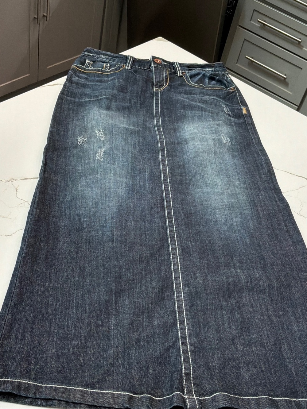 Maurices 3/4 Retro Dark Blue Denim Skirt Long Hip Button Peekaboo Back Slit